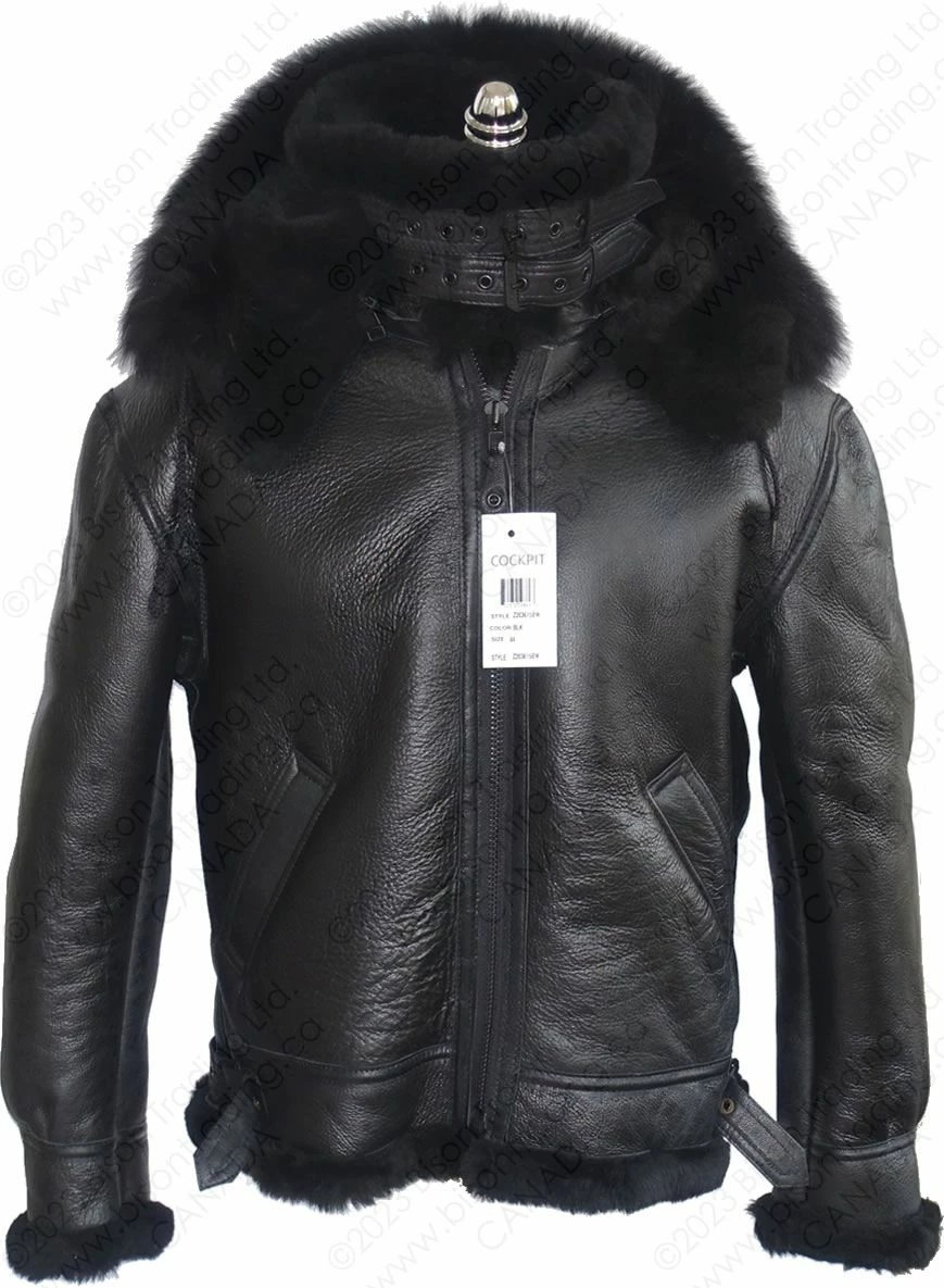 Cockpit USA All Black B-3 Hooded Sheepskin Bomber Jacket Z203615B 8 Cockpit USA All Black B-3 Hooded Sheepskin Bomber Jacket Z203615B - Image 6
